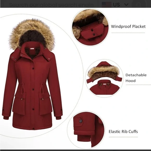 NWT Beyove Women's Waterproof Winter Parka with Removable HoodFaux Fur Lining‌‌ - Picture 4 of 6